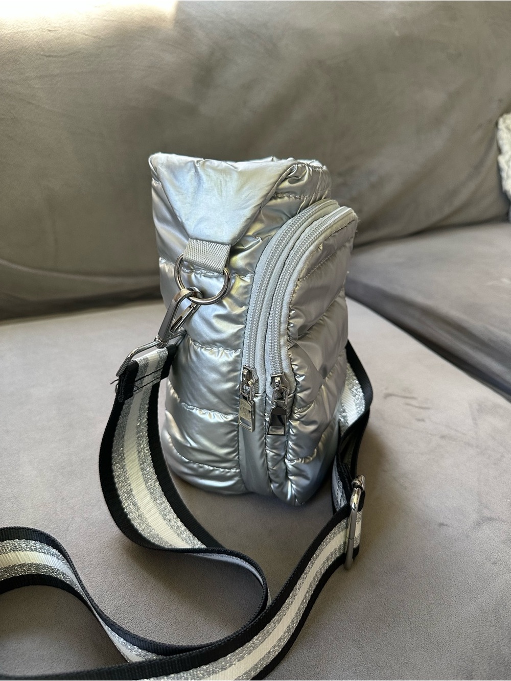 Silver Quilted Crossbody Bag with Adjustable Stripe Strap